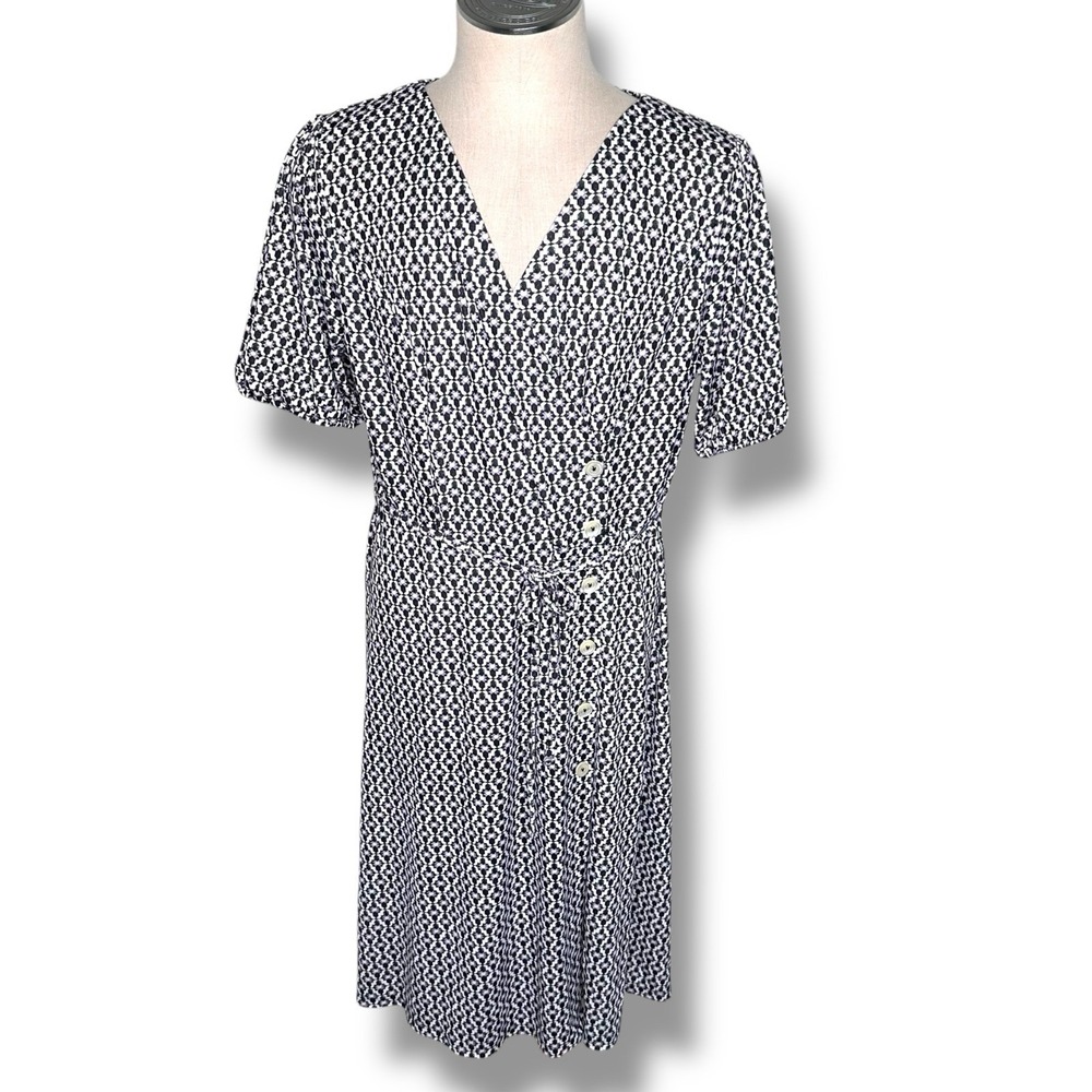 Talbots Faux Wrap Dress Black Purple Geometric Short Sleeve Jersey Knit Size XL